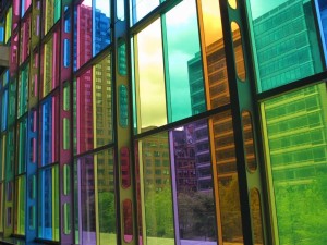 Coloured windows onto bldg